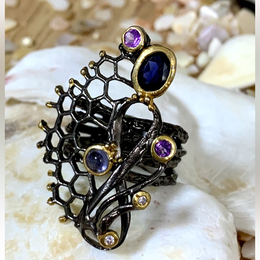 Coastal Iolite Moonstone & Amethyst Sterling & 14kt Custom Gallery Ring